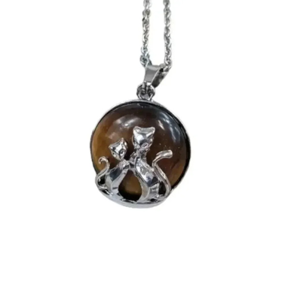 Cats Eye Mother and Baby Cat Necklace with Natural Stone Center Stainless Steel - Picture 2 of 9
